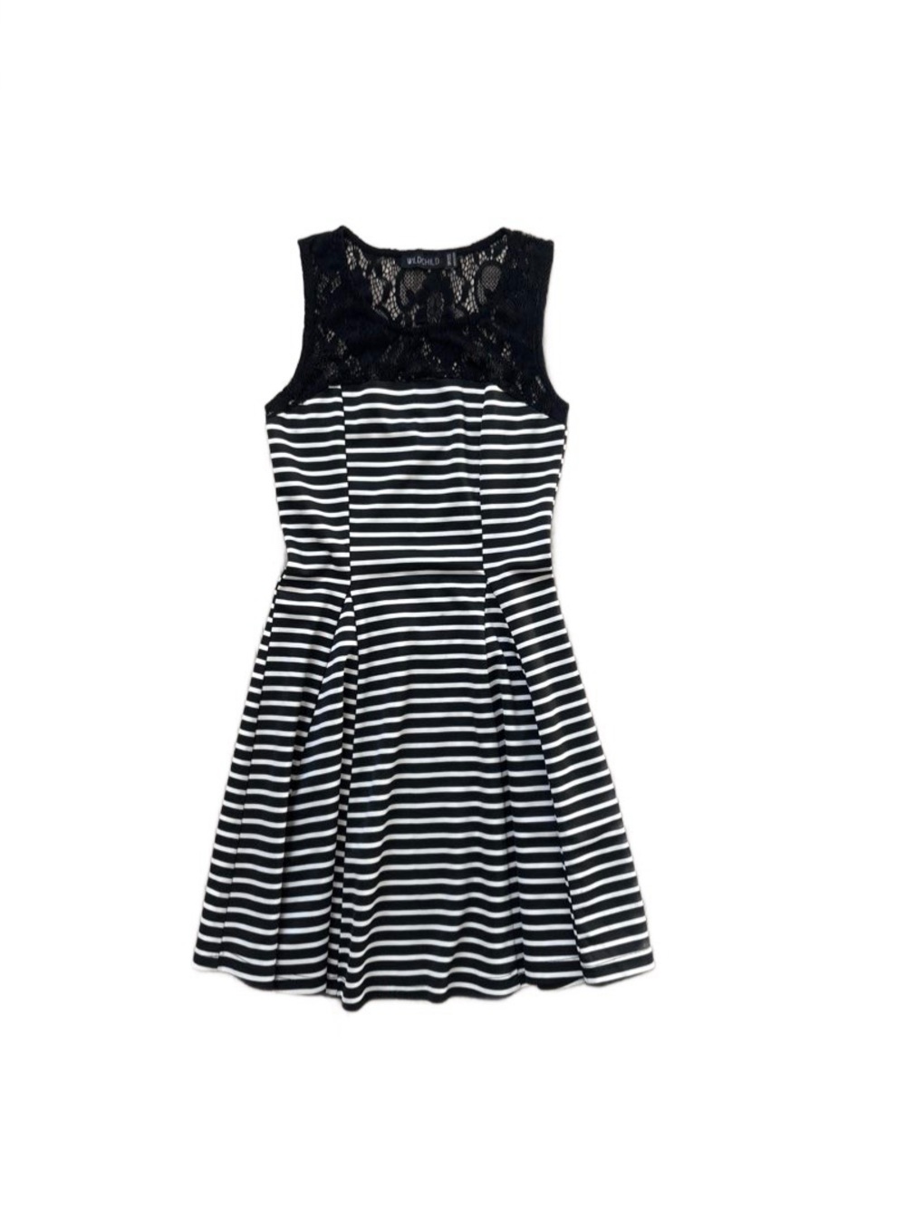 Black & White Striped Lace Yoke Fit-and-Flare Dress